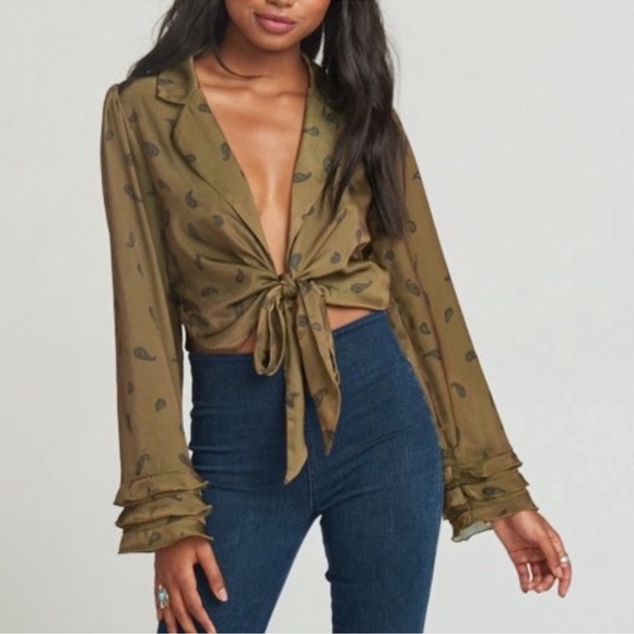 Show Me Your MuMu Maureen Olive Green Paisley Print Tie Know Front Crop Top